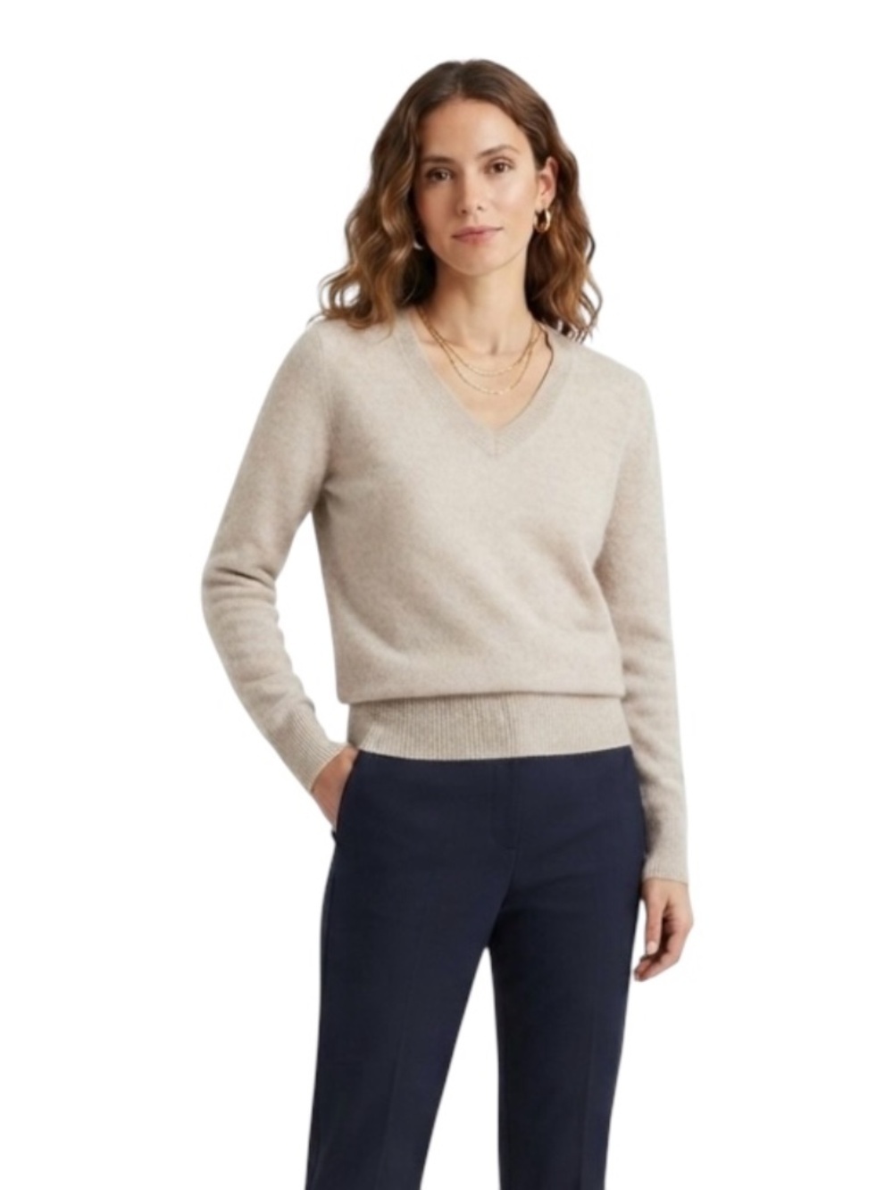 MOTF 100% Wool V-Neck Sweater Sz M Tan Beige Minimalist Clean Girl Preppy Soft
